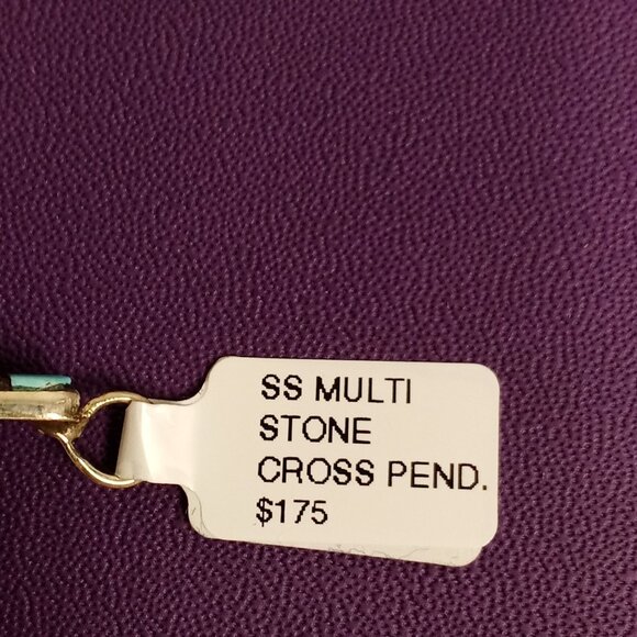 Native American Zuni Handcrafted Sterling Silver Multi-Stone Cross Pendant - Picture 5 of 6